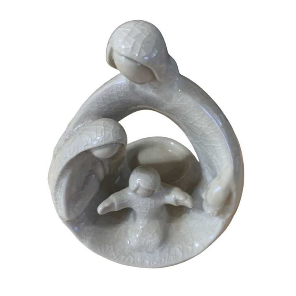 Nativity Candle Votive Holder Crackled 7x5 Ceramic Mary Joseph Jesus